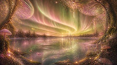 a sweeping aurora over a frozen lake, no people