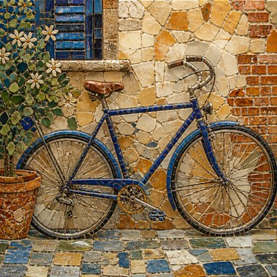 bicyle resting against a wall — Ceramic Mosaic Art Style
