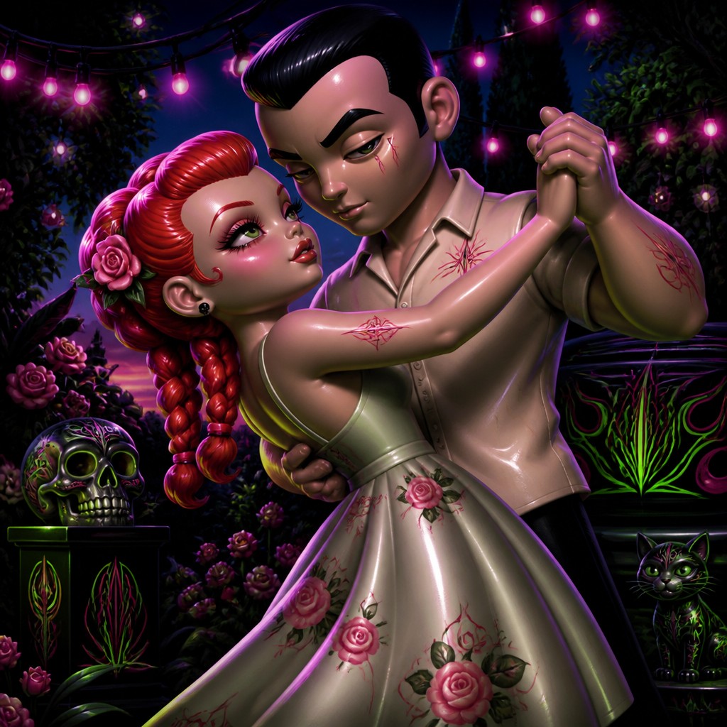 an original couple dancing under string lights in a garden at dusk: a man with short black hair in a linen shirt and a woman with braided red hair in a summer dress
