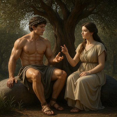 a painting of a man and a woman sitting next to a tree