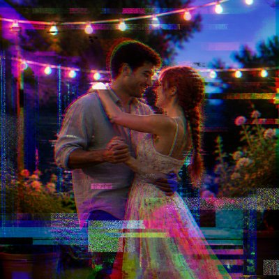 an original couple dancing under string lights in a garden at dusk: a man with short black hair in a linen shirt and a woman with braided red hair in a summer dress