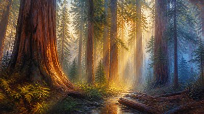 a panoramic redwood forest with light rays through mist, no people