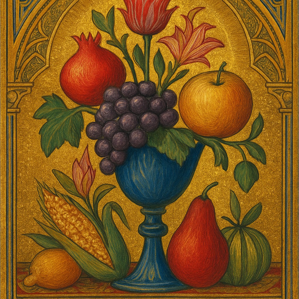 still life arrangement of fruits and flowers