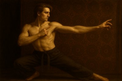 a painting of a man doing a karate pose