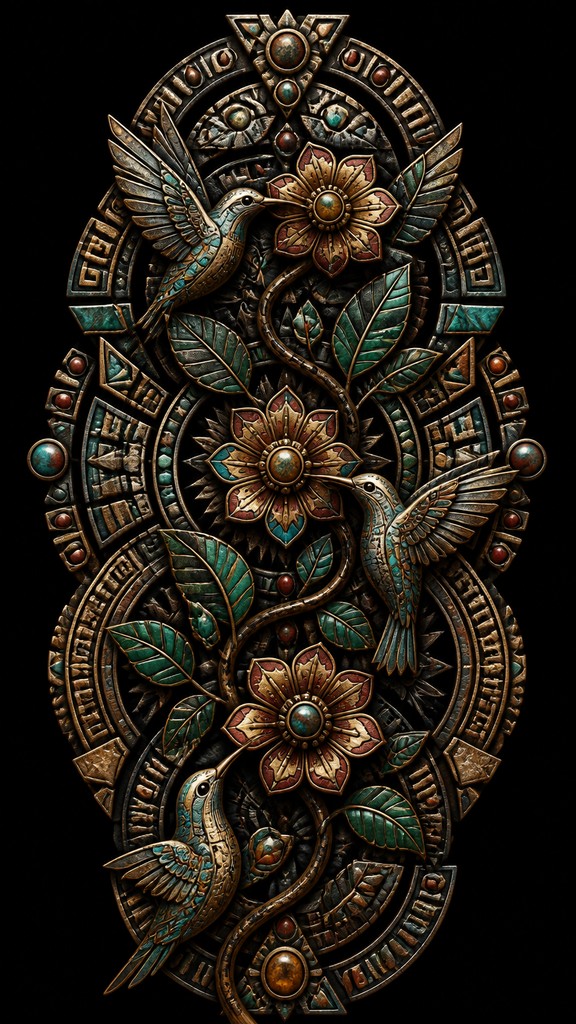 a climbing vine of flowers and hummingbirds on a dark background, tall wrapping composition, no text