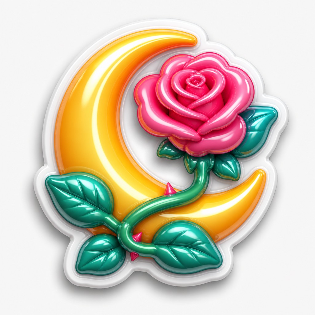 a rose entwined with a crescent moon, clean balanced composition on a plain background, no text