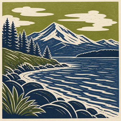 wide landscape with natural scenery — Linocut Print Style