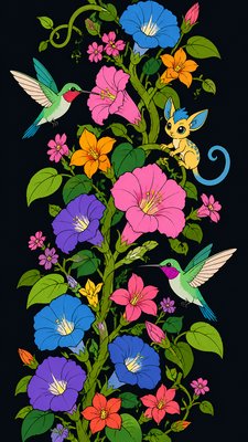 a climbing vine of flowers and hummingbirds on a dark background, tall wrapping composition, no text