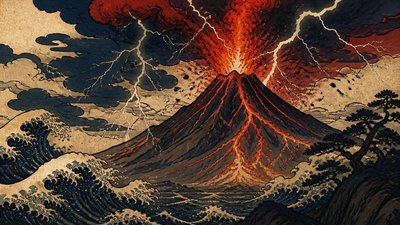 an erupting volcano with lightning strikes, dramatic wide composition, no text