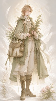 full-body original character: a wandering botanist with a satchel of plants, a patched green cloak, tall boots and round glasses, neutral background