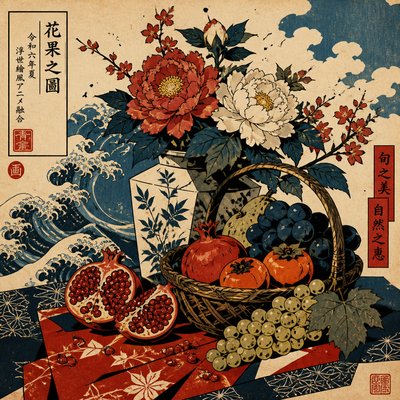 still life arrangement of fruits and flowers
