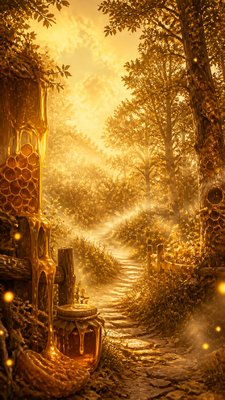 a mysterious forest path with fireflies and drifting mist, atmospheric vertical composition with open space at the top, no text