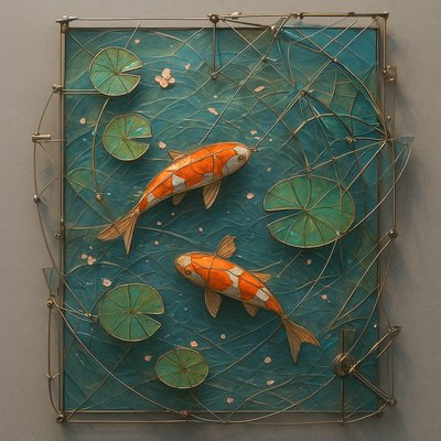 A koi pond seen from above, orange and white koi fish swimming among lily pads, clear water with subtle ripples, fallen cherry blossom petals floating on the surface, dappled sunlight