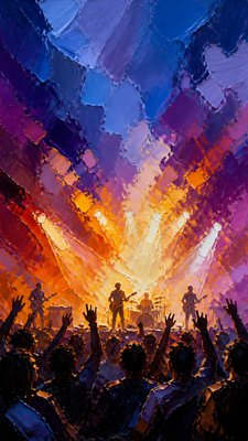 a live music scene with a glowing stage and silhouetted crowd, energetic vertical composition with open space at the top, no text
