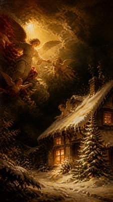 a snow-covered cottage with warm glowing windows beside a decorated pine tree, gentle snowfall, no text