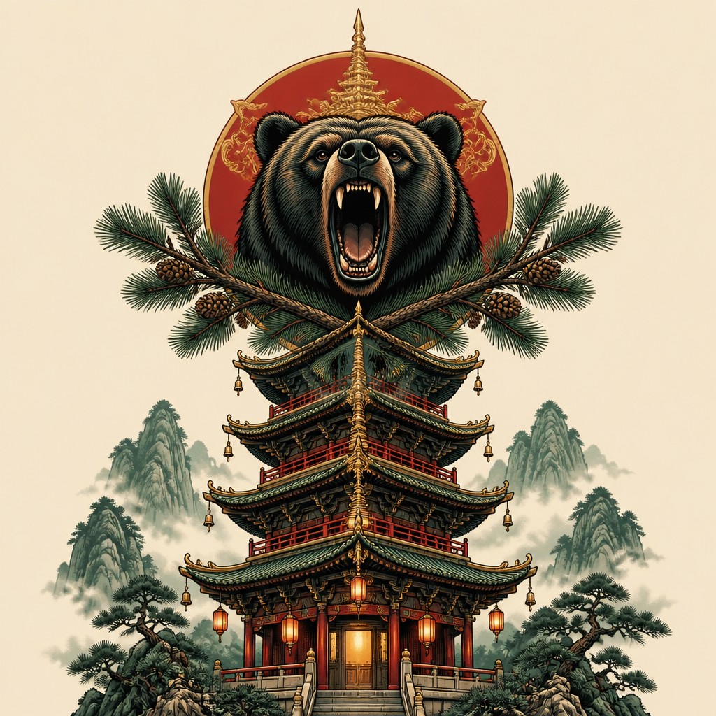 a roaring bear head above crossed pine branches, bold graphic composition on a plain background, no text