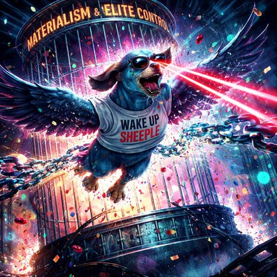 Funny yet eerie gift portrait: a smug cartoonish blue-tinted fleagle (flying eagle-beagle hybrid creature) breaking free from a comically oversized birdcage labeled 'Materialism & Elite Control', wearing tiny sunglasses and a 'Wake Up Sheeple' t-shirt, shattering holographic chains with laser eyes, confetti of red pills raining down, vibrant pop-surrealism style like a mix of Ralph Steadman and modern meme art, bold colors, humorous but with dark undertones 

