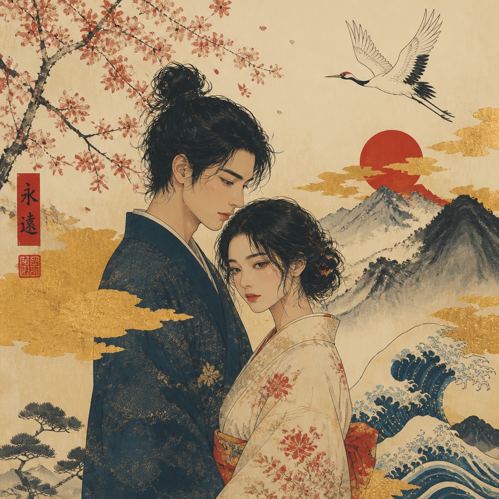 portrait of two people together — Japanese Art Style