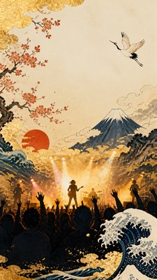a live music scene with a glowing stage and silhouetted crowd, energetic vertical composition with open space at the top, no text