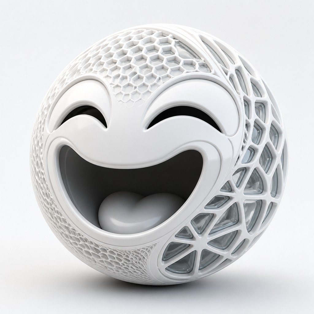 an exaggerated laughing face of an original round mascot character, bold and readable at small size, plain background, no text