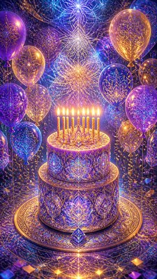 a birthday cake with lit candles surrounded by balloons and confetti, festive vertical composition, no text