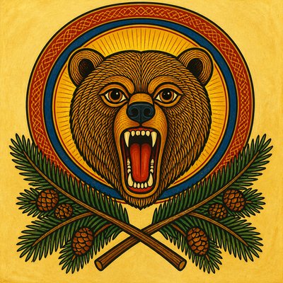 a roaring bear head above crossed pine branches, bold graphic composition on a plain background, no text