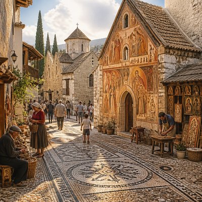 urban street with city activity — Cypriot Art Style
