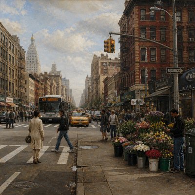 urban street with city activity — Realism Art Style