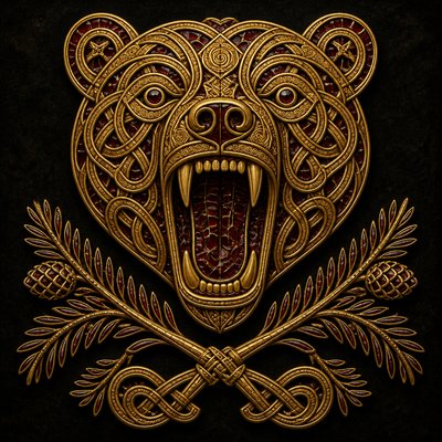 a roaring bear head above crossed pine branches, bold graphic composition on a plain background, no text