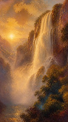 towering waterfall cascading down a cliff
