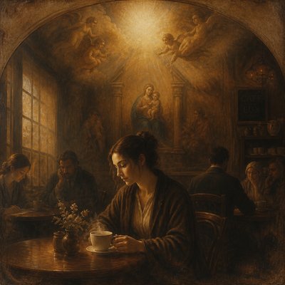 cozy cafe interior with warm lighting