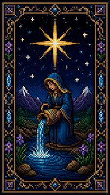 a robed figure pouring water beneath a large eight-pointed star in a night sky, symmetrical composition with an ornate decorative border, no text