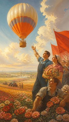 a hot air balloon drifting over rolling flower fields on a sunny day, cheerful, no text