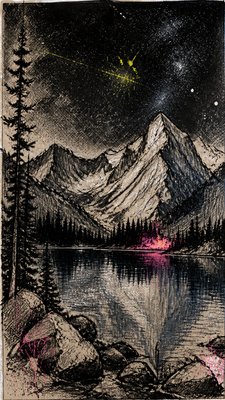 a tranquil mountain lake beneath a starry night sky, no people, no text