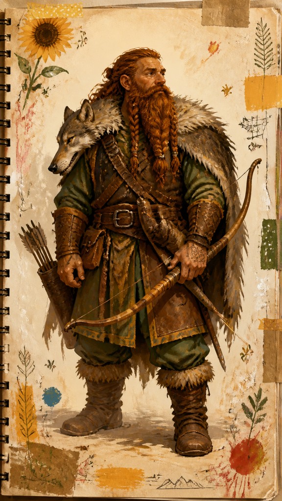 full-body original character: a dwarven ranger with a braided auburn beard, worn leather armor, a longbow and a wolf-pelt cloak, neutral background, no text