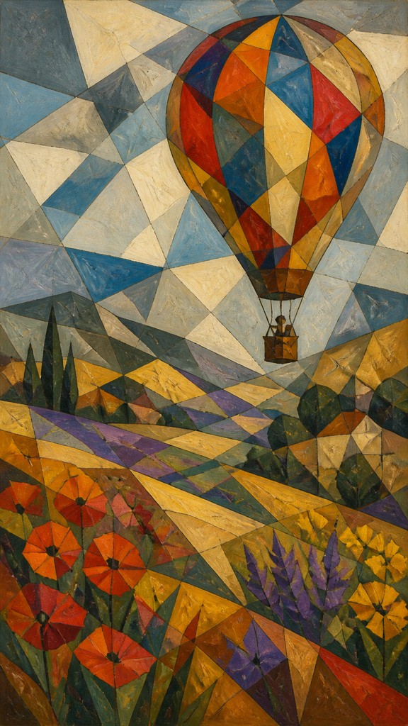 a hot air balloon drifting over rolling flower fields on a sunny day, cheerful, no text
