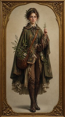 full-body original character: a wandering botanist with a satchel of plants, a patched green cloak, tall boots and round glasses, neutral background
