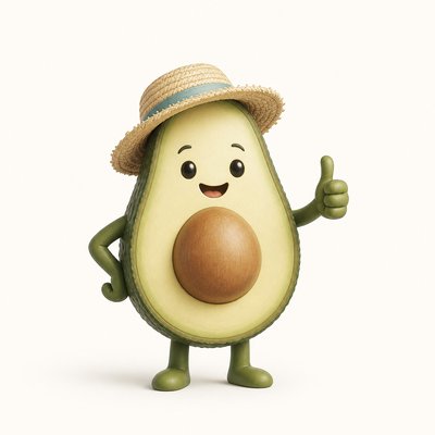 a happy avocado character giving a thumbs up, bold readable design on a plain background, no text