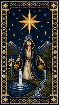 a robed figure pouring water beneath a large eight-pointed star in a night sky, symmetrical composition with an ornate decorative border, no text