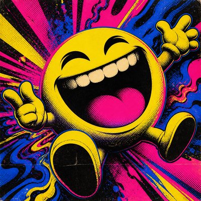an exaggerated laughing face of an original round mascot character, bold and readable at small size, plain background, no text