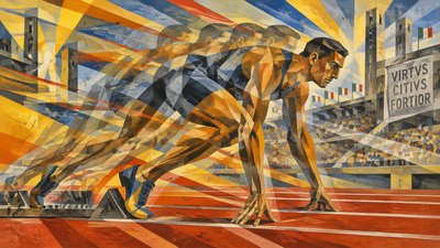 runner starting pose facing to the right, feet in stadium's red field lane with stadium background