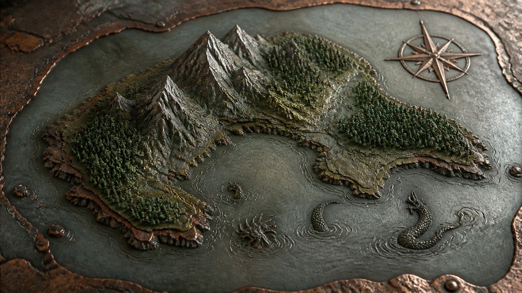 a map of an island realm with mountains, forests, a sheltered bay, sea monsters in the water and a compass rose, no text labels