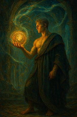 a painting of a man holding a ball in his hand