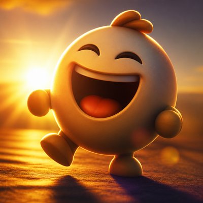 an exaggerated laughing face of an original round mascot character, bold and readable at small size, plain background, no text