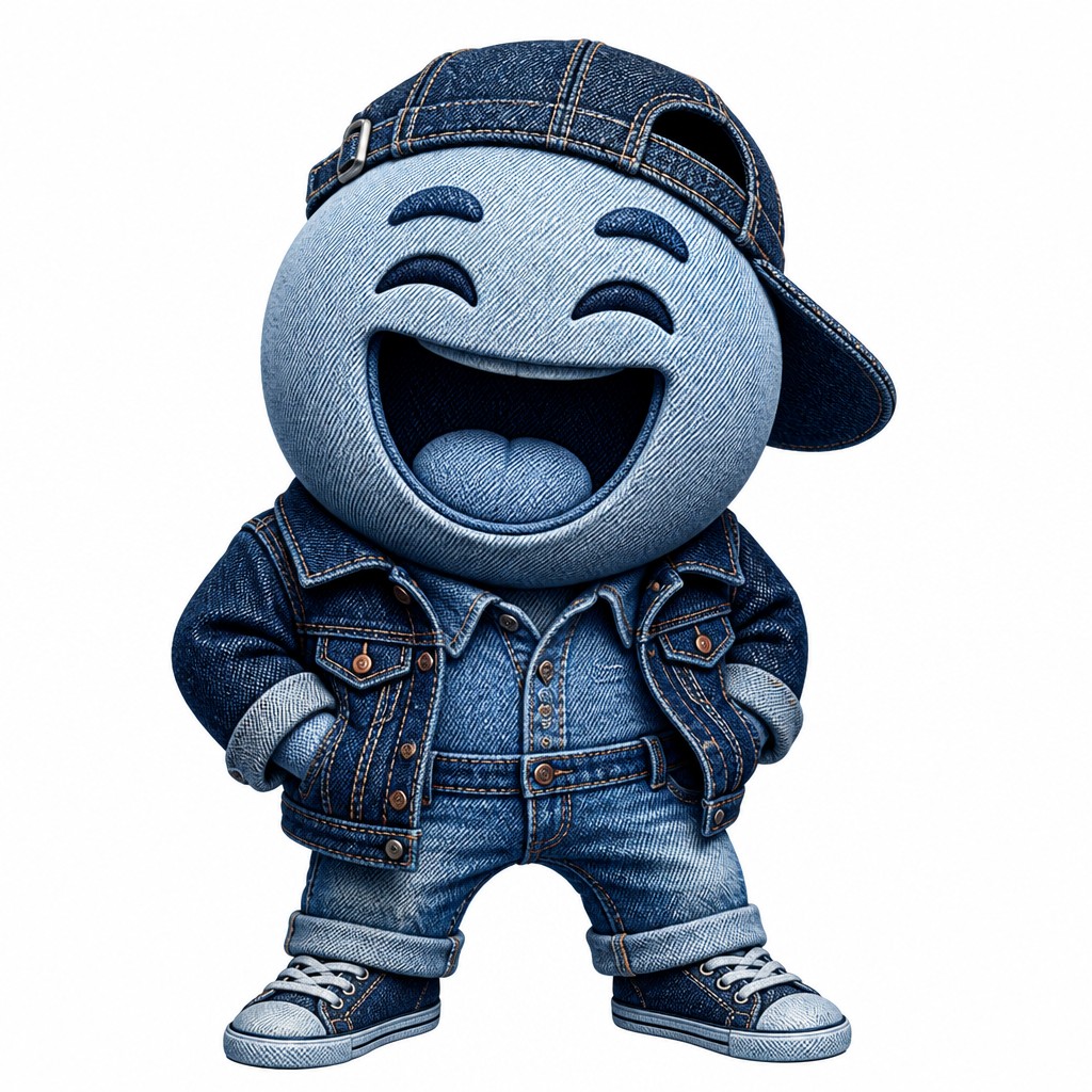 an exaggerated laughing face of an original round mascot character, bold and readable at small size, plain background, no text