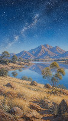 a tranquil mountain lake beneath a starry night sky, no people, no text