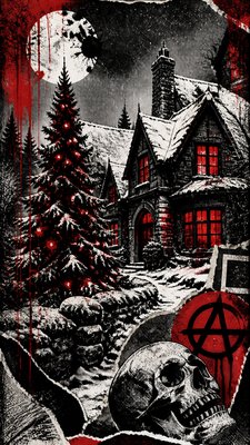 a snow-covered cottage with warm glowing windows beside a decorated pine tree, gentle snowfall, no text