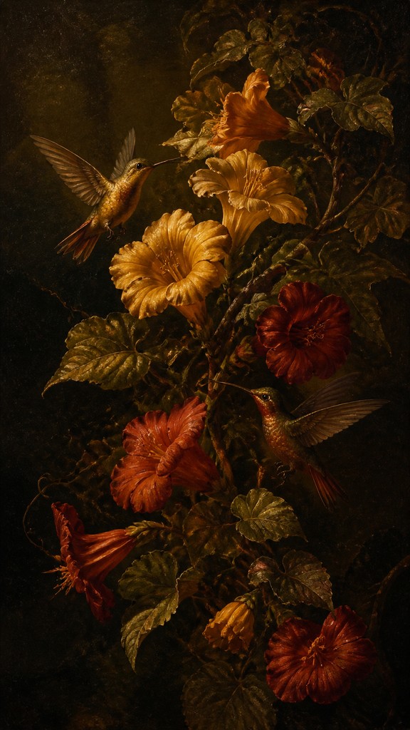 a climbing vine of flowers and hummingbirds on a dark background, tall wrapping composition, no text