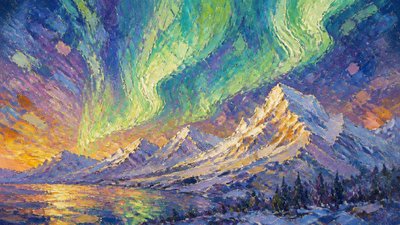 a flowing aurora over snowy peaks, wide sweeping composition, no people, no text