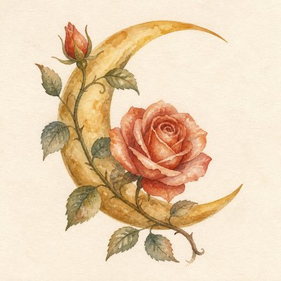 a rose entwined with a crescent moon, clean balanced composition on a plain background, no text